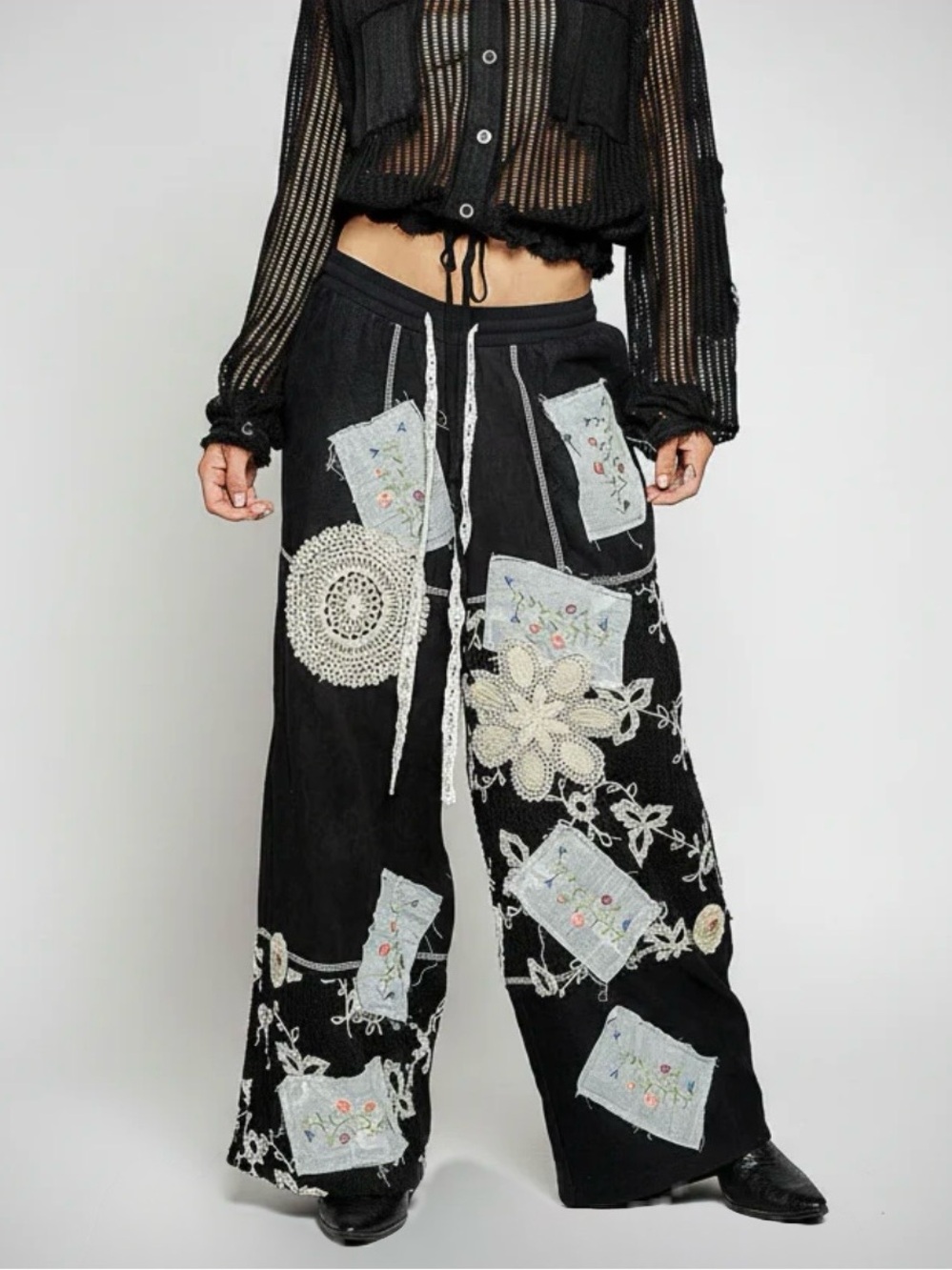 New: POL Embroidered Mixed Floral Patchwork Boho Wide Leg Pants• Large